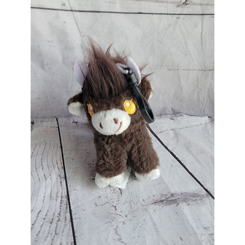 Dark Brown Highland Cow Backpack Clip Key Chain Yellow Eyes